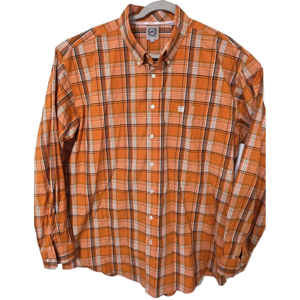 Cinch Shirt‎ Mens XL Orange Plaid Long Sleeve Button Front Western Casual Cotton